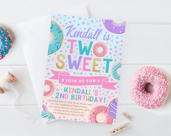 Two Sweet Invitation, PRINTABLE Girl's Second 2nd Birthday Party Invite Donut Doughnut Party Theme, Digital File Invite Pink Purple, TS1