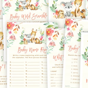 May include: A set of printable baby shower games featuring a watercolour illustration of a koala and a kangaroo with floral accents. The games include "Baby Word Scramble", "Baby Name Race", "What's in the Diaper Bag", "Baby" and "How Many Mummies".