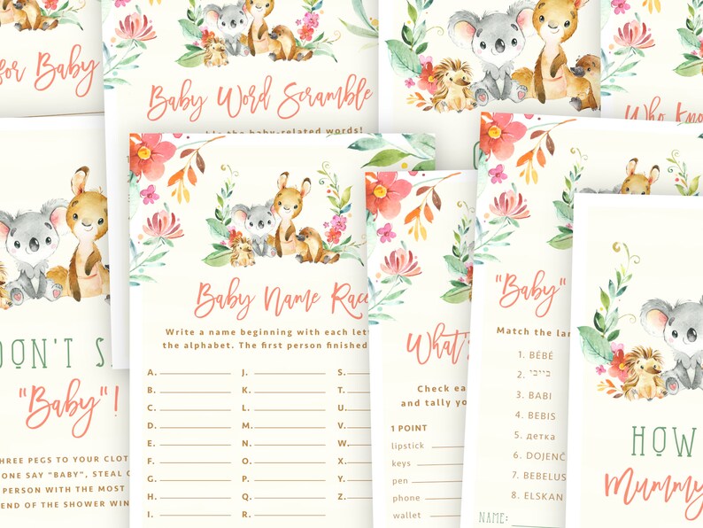 May include: A set of printable baby shower games featuring a watercolour illustration of a koala and a kangaroo with floral accents. The games include "Baby Word Scramble", "Baby Name Race", "What's in the Diaper Bag", "Baby" and "How Many Mummies".