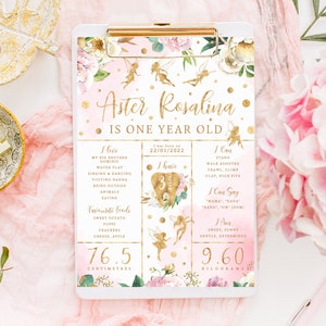 Tablero de hitos de hadas, IMPRIMIBLE, Decoración de la primera fiesta de cumpleaños de la niña, tema de hadas mágicas de acuarela de oro rosa, cartel de archivo digital GF2