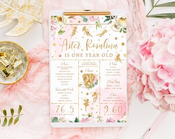 Fairy Milestone Board, PRINTABLE, Girl's 1st First Birthday Party Decor, Pink Gold Watercolor Magical Fairies Theme, Digital File Poster GF2