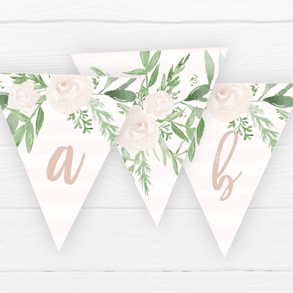 Blush Floral Party Bunting, DIGITAL FILE, Pink Flowers Birthday Theme, Girl's Boho Printable Banner, Garden Party Decoration Flags, GP1