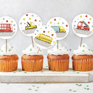Transport Cupcake Toppers, PRINTABLE, Boy's Cars Trucks Vehicles Party Birthday Theme, Things That Go Instant Download Round 2" Sticker, TR2