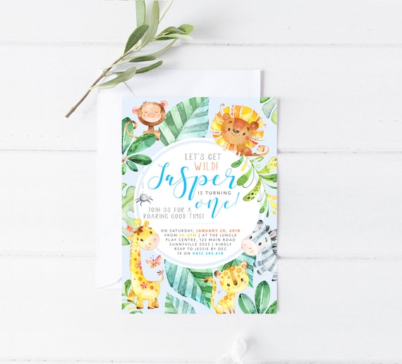 Jungle Animals Invitation, PRINTABLE, Safari Zoo Party Theme, Boy's 1st Birthday, Watercolor Giraffe Monkey Lion Zebra Wild One Invite, WJ1