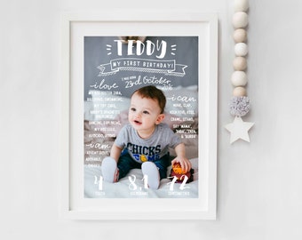 Baby 1st Birthday Board, PRINTABLE, First Birthday Print, Neutral Boy Girl Photo Milestone Design, Digital File PDF Sign Poster Keepsake