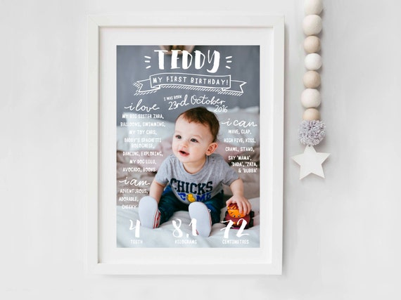 Baby 1st Birthday Board, PRINTABLE, First Birthday Print, Neutral Boy Girl Photo Milestone Design, Digital File PDF Sign Poster Keepsake
