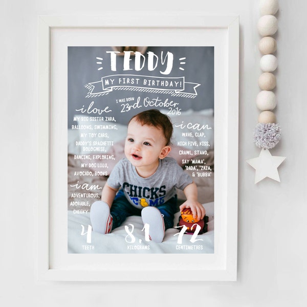 Tableau 1er anniversaire de bébé, imprimable, impression premier anniversaire, photo neutre garçon fille, conception d'étape importante, fichier numérique PDF signe affiche souvenir