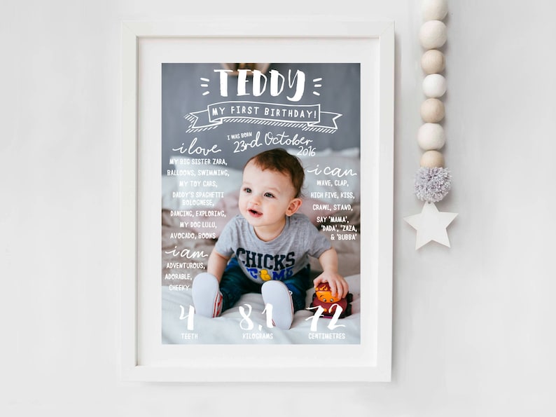 May include: A chalkboard style first birthday poster featuring a photo of a baby boy. The poster includes the baby's name, Teddy, his birthdate, and a list of things he loves and can do. The poster also includes his age in teeth, kilograms, and centimetres.