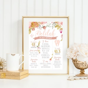 Personalized Birthday Board PRINTABLE Boho First 1st Birthday Print Sign Poster Vintage Floral Dusty Pink Gold Girl&#39;s Milestone Board Design