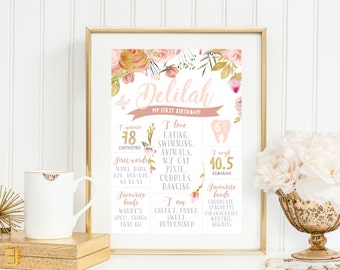 Personalized Birthday Board PRINTABLE Boho First 1st Birthday Print Sign Poster Vintage Floral Dusty Pink Gold Girl's Milestone Board Design