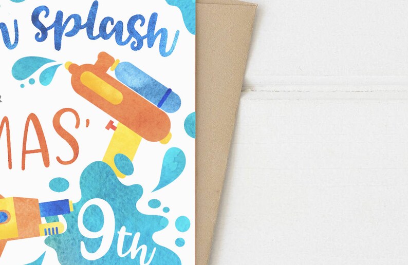 May include: A white card with blue and orange watercolour illustrations of water guns and water splashes. The text on the card reads "Water Splashin'  MAS' 9th".