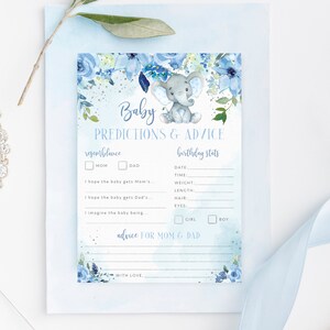 Shower de bébé sur le thème des éléphants, imprimable, carte de prédictions et de conseils, téléchargement immédiat 5 x 7", décoration numérique bleu argent pour garçon, EP2