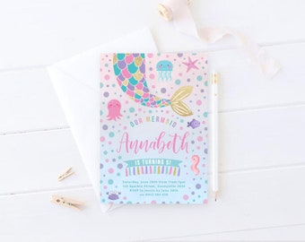 Mermaid Tail Invitation, PRINTABLE Girl's 1st 4th 5th Under The Sea Birthday Gold Glitter Mermaid Party Theme Digital Invite Pink Purple MM2