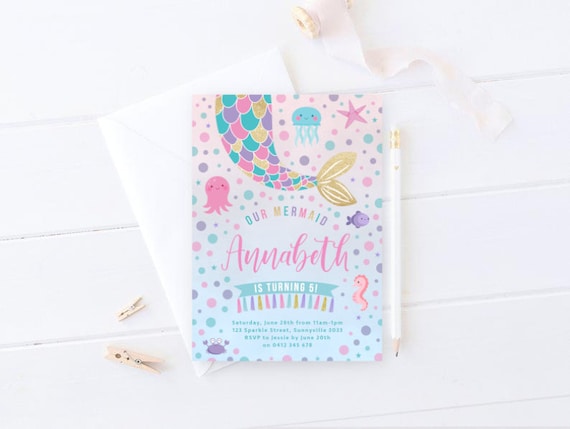 Mermaid Tail Invitation, PRINTABLE Girl's 1st 4th 5th Under The Sea Birthday Gold Glitter Mermaid Party Theme Digital Invite Pink Purple MM2