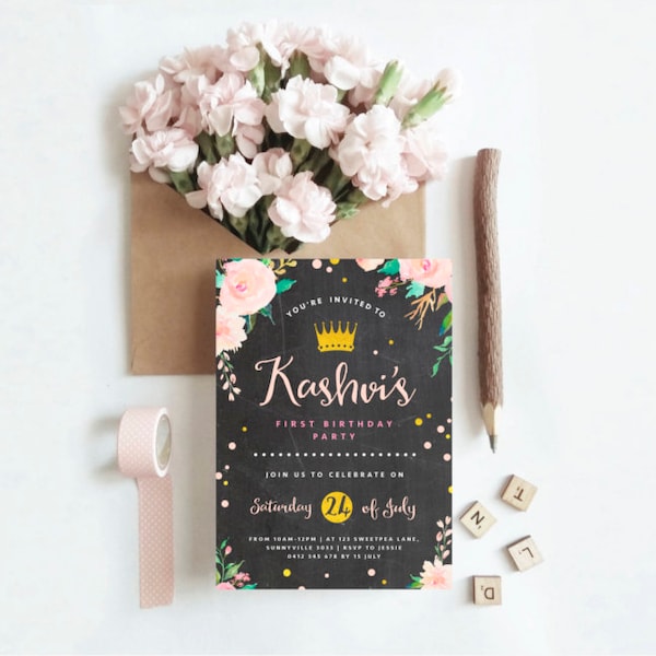 Floral Invitation, PRINTABLE, Pink Gold Foil Chalkboard Princess Flower Digital Invite, Girl's 1st 2nd 3rd 5th 10th Birthday, Matilda Moon