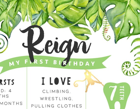 Printable First Birthday Milestone Board Gold Jungle Safari Zoo Party Decoration