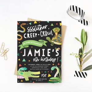 Reptile Party Invite, PRINTABLE, Boy&#39;s Snake Lizard Crocodile Birthday Theme, Cute Creepy Crawly Invitation Digital Download, RP1