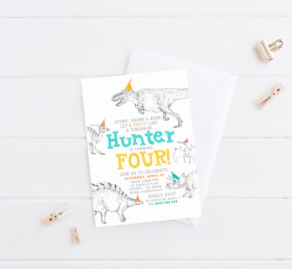 Dinosaur Invitation, PRINTABLE, Party Hat Fun Dino Themed Party Invite, 2nd 3rd 4th Boy's Birthday Digital File, T-rex Triceratops, DN1