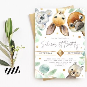 Australian Animals 1st Birthday Invite, PRINTABLE, Native Koala Kangaroo Theme, Elegant Aussie First Party Invitation, Eucalyptus Gold NA2