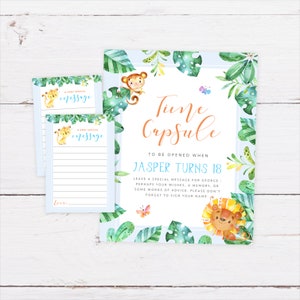 Aquarel Jungle Time Capsule, PRINTBAAR, Bijpassende berichtkaarten, Safari Zoo Wild One 1e eerste verjaardag, Boy's Party Thema Aandenken, WJ1