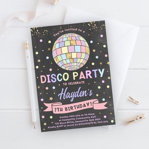 Disco Party Invitation, PRINTABLE, Pastel Rainbow Mirror Ball Invite, Girl's Music Dance Theme Birthday Digital File, Disco Ball PDF, DP1