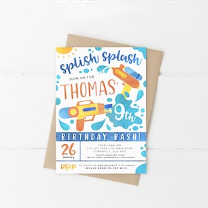 May include: A blue and yellow birthday party invitation with a watercolor design. The invitation says "Splish Splash" and "Join us for Thomas' 9th Birthday Bash!" The invitation also includes a date, time, location, and RSVP information.