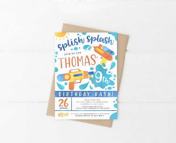 Water Fight Party Invitation, PRINTABLE, Boy's Water Pistol Gun Games, Summer Pool Party Theme, Gender Neutral Birthday Digital Invite, WF2
