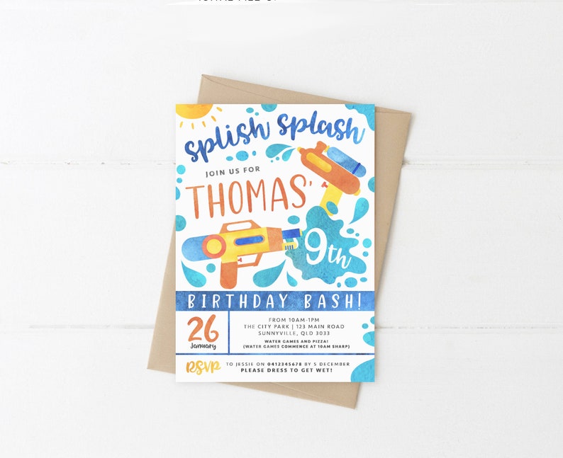 May include: A blue and yellow birthday party invitation with a watercolour design. The invitation says "Splish Splash" and "Join us for Thomas' 9th Birthday Bash!" The invitation also includes a date, time, location, and RSVP information.