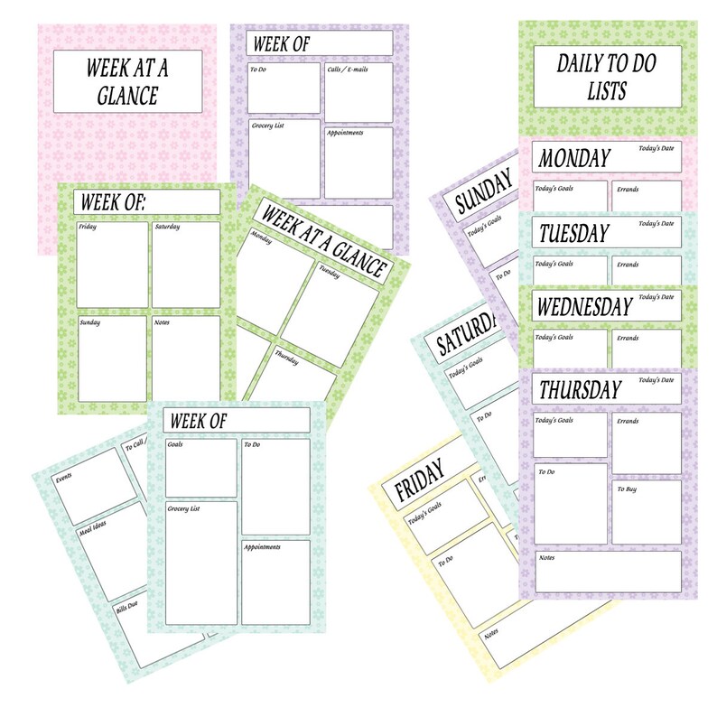 printable weekly and daily planner sheets week at a glance sheets daily to do list instant download pdf pastel colors flowers printable week at a glance