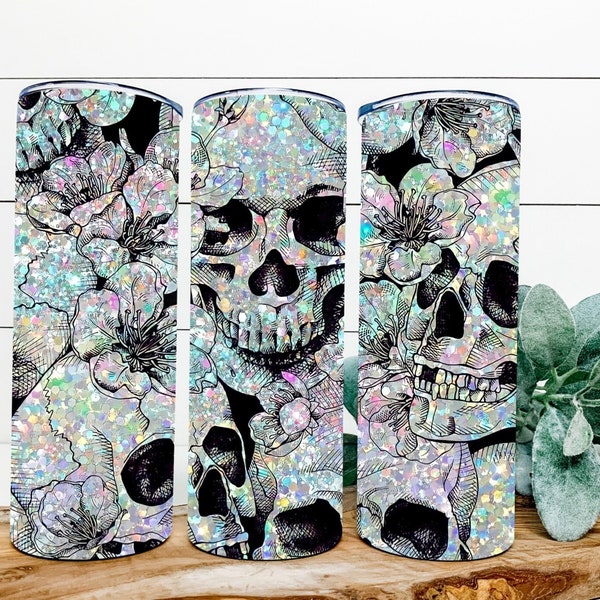 SPARKLE SKULLS | png | Sublimation Design | 20oz Skinny Tumbler | Digital Print | Spooky | Glitter | Iridescent | Halloween | Floral | Girly