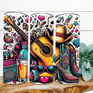 COUNTRY MUSIC | Sublimation Design | 20oz Skinny Tumbler | Digital | Guitar | Cowboy Boots | Cowboy Hat | Nashville | Tennessee | Girly