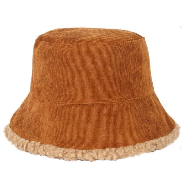 VINTAGE 90's Tan Corduroy Bucket Hat - One Adult Size Faux Fur Edge Bucket Old School Hip Hop