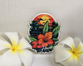 Imán para nevera hawaiano/Flores de hibisco/Atardecer/7 x 8,9 cm/Ideal como regalo