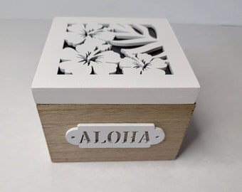 Caja de madera de hibisco/10 x 10 x 7,6 cm/Joyero Aloha/Idea de cumpleaños/Envío gratis