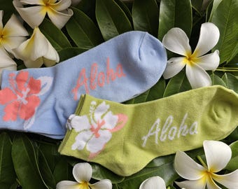 Calcetines tobilleros Aloha/Hawái/Hibisco/color aguamarina y verde/juego de 2/envío gratuito
