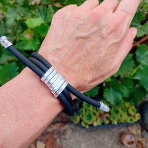 Black Rubber Silver Cuff Bracelet , Modern Unusual Bracelet, Funky Statement Jewelry, Avant-Garde Bracelet, Urban Street Style Jewelry