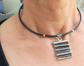 Black Rubber Choker Necklace with Unusual Silver Pendant - Bohemian Statement Jewelry - Handmade Jewelry Gift