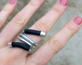 Oversized Black Silver Ring, Unusual Spiral Ring , Avant-garde Statement Jewelry, Unique Gift Ring