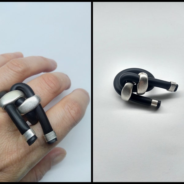Avant Garde Black Rubber Silver Ring - Unisex Wide Ring- Modern Statement Jewelry - Oversized Finger Jewelry
