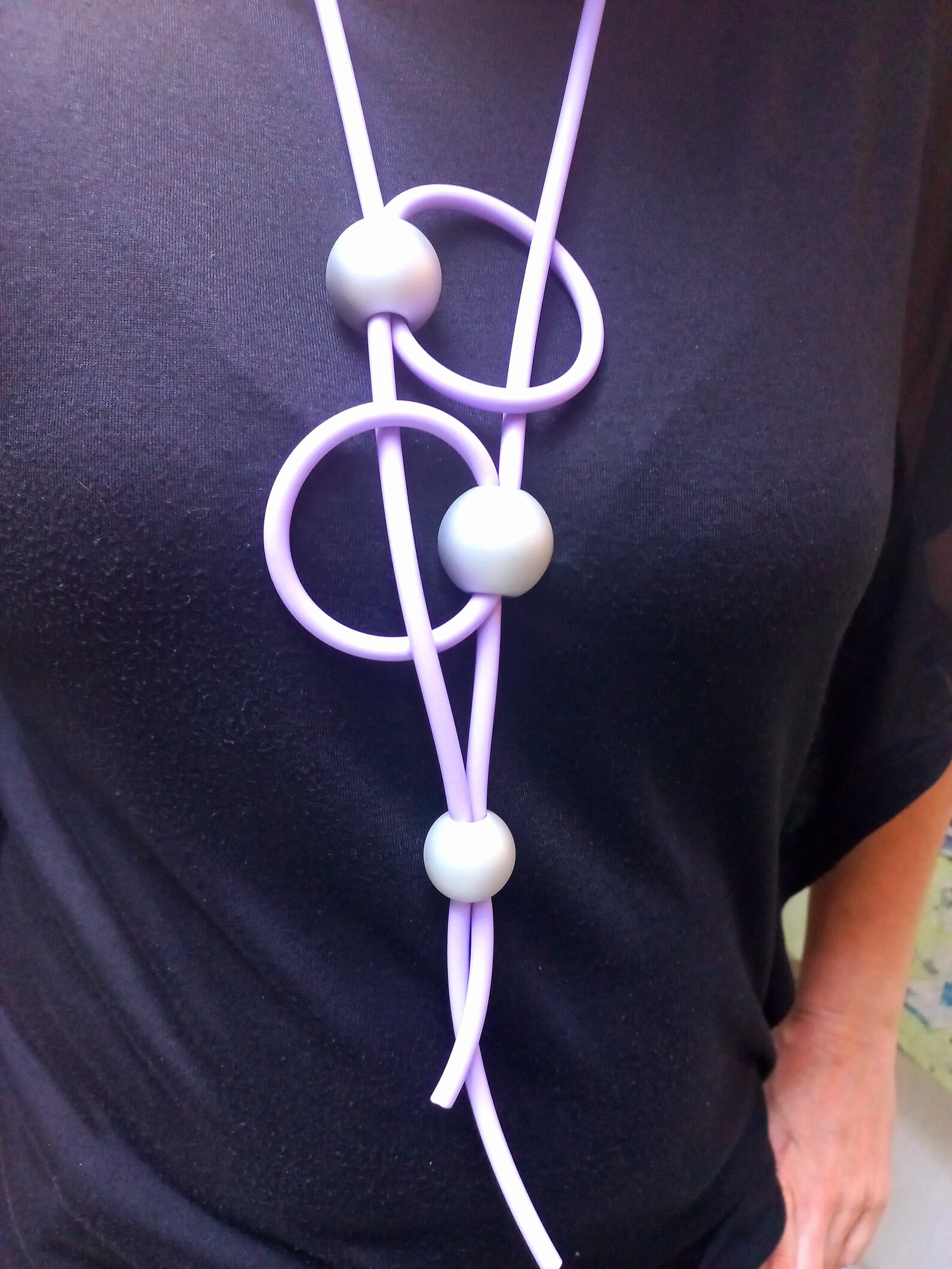 Long Statement Rubber Necklace With Three Silver Grey Silicone Etsy