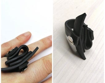 Black Rubber Rings, Asymmetric Ring, Funky Rubber Ring, Unisex Rings, Avant-garde Jewelry