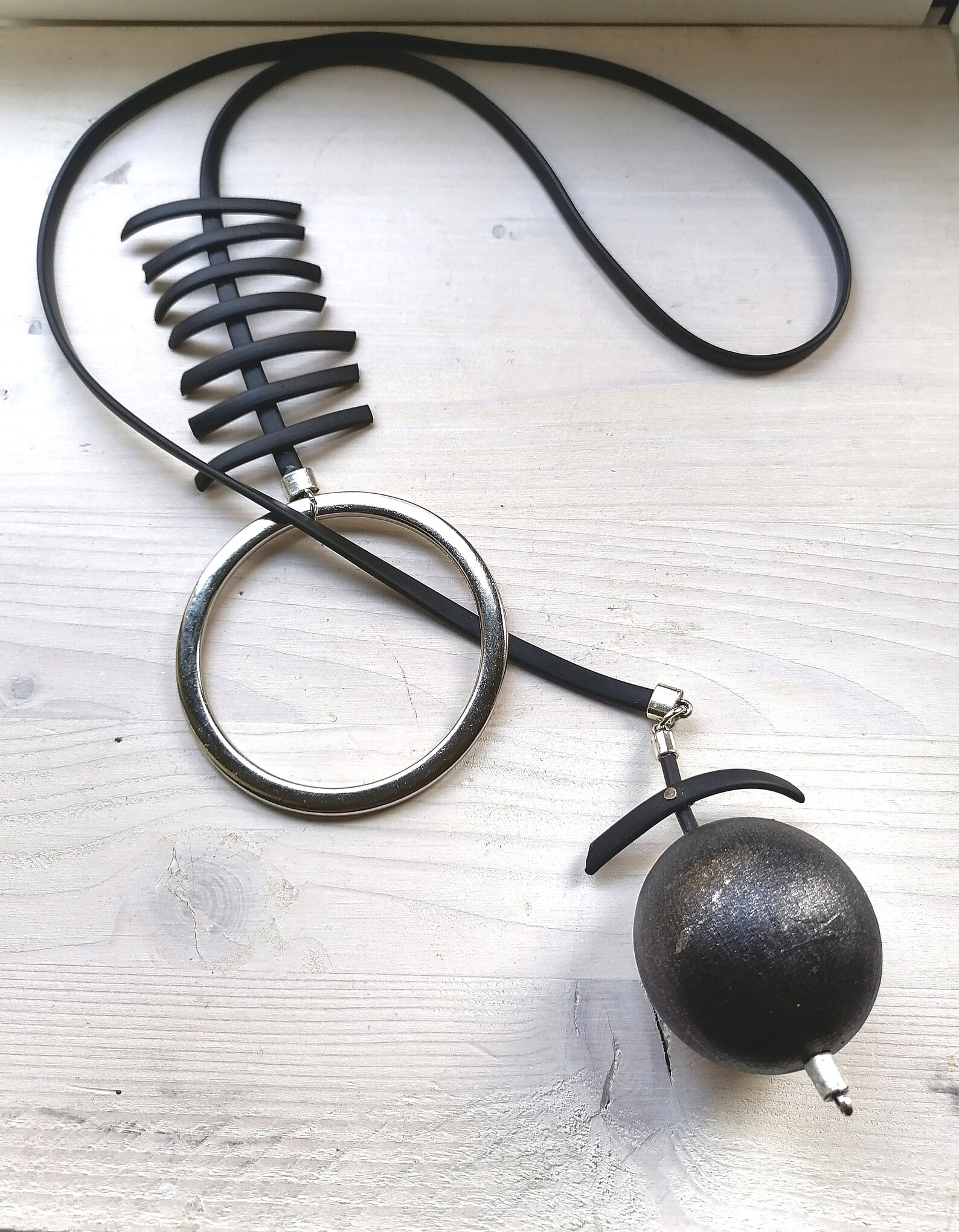 Long Statement Necklace . Black Rubber Band With Big Circle Etsy