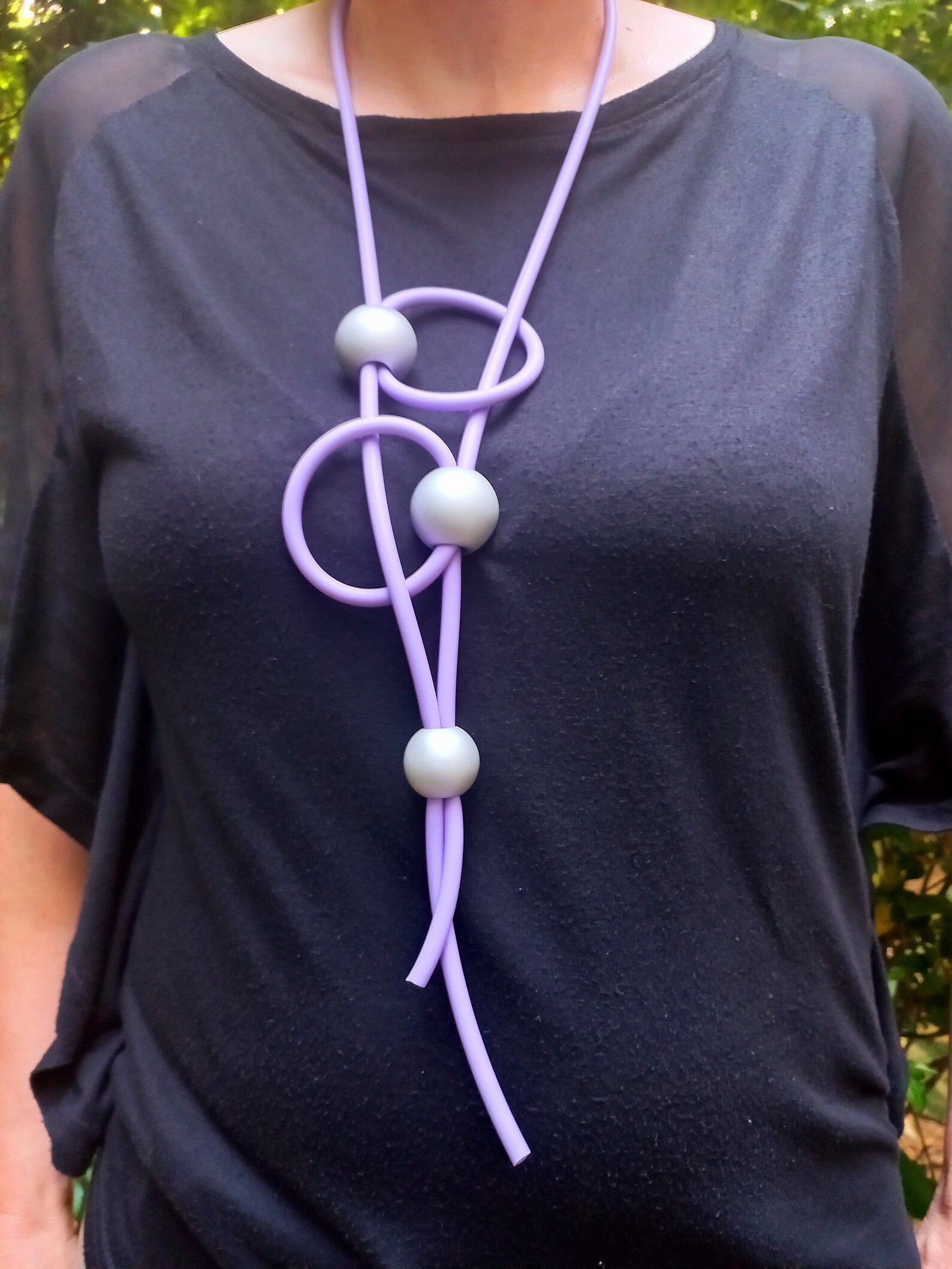 Long Statement Rubber Necklace With Three Silver Grey Silicone Etsy