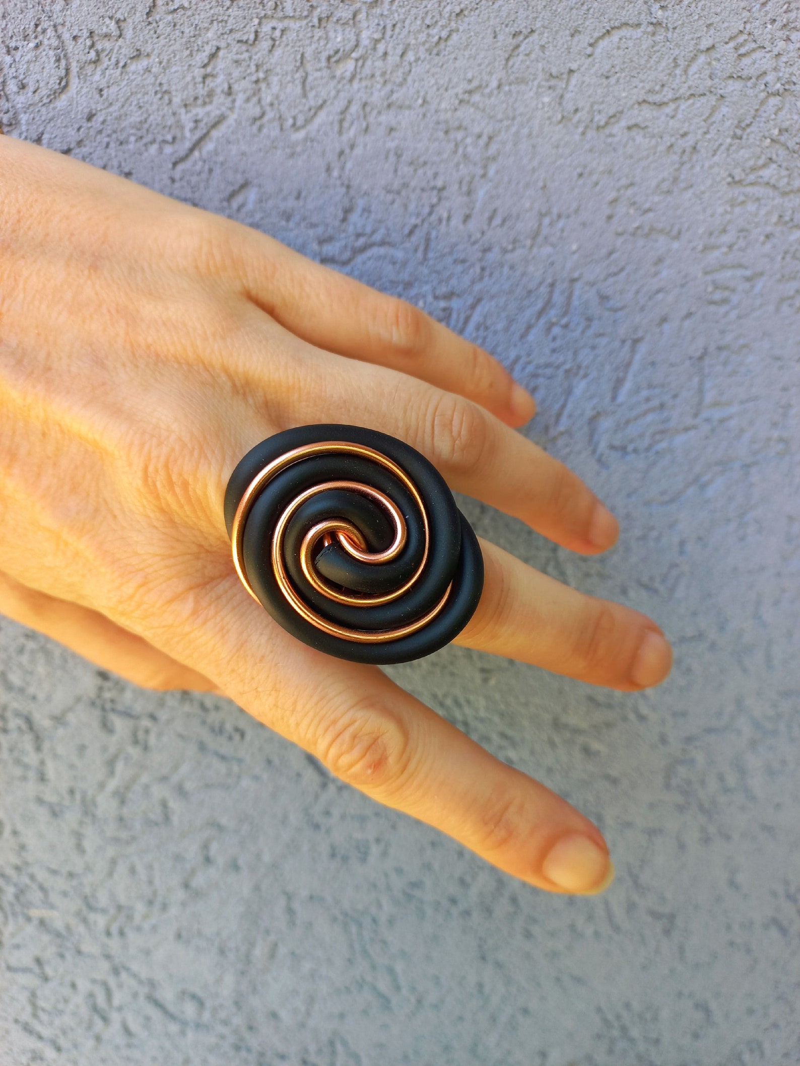 Black Rubber and Copper Wire Wrapped Ring, Statement Jewelry, Big ...
