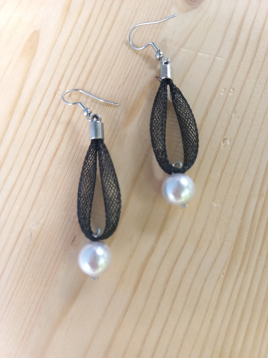 Long Drop Pearl Earrings, Statement Earrings, Mesh Nylon Jewelry