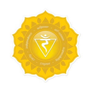 May include: A yellow mandala with a white symbol in the center. The mandala has the words "willpower", "self-esteem", "responsibility", "intellect", "clarity", and "independence" around the edge.