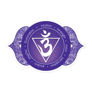 May include: Purple and white sticker with a stylized Om symbol in a triangle. The words "illumination", "psychic", "wisdom", "perception", "foresight", "vision", "intuition" are written around the symbol.