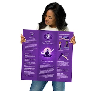 May include: Purple and white illustrated guide to the Ajna chakra, also known as the third eye chakra. The guide includes affirmations, essential oils, stones, healing foods, balancing yoga poses, and a visualization technique. The mantra OM is featured at the top of the guide.
