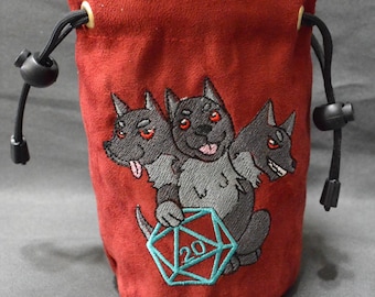Handmade Suede Dice Bag – Cerberus Embroidery, D&D D20 TTRPG Accessory by Uber Dungeon