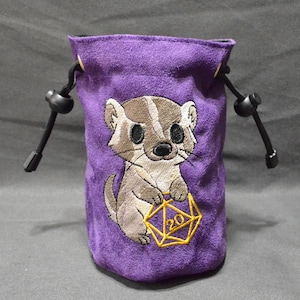 Handmade Purple Suede Dice Bag – Badger Embroidery, D&D D20 TTRPG Accessory by Uber Dungeon